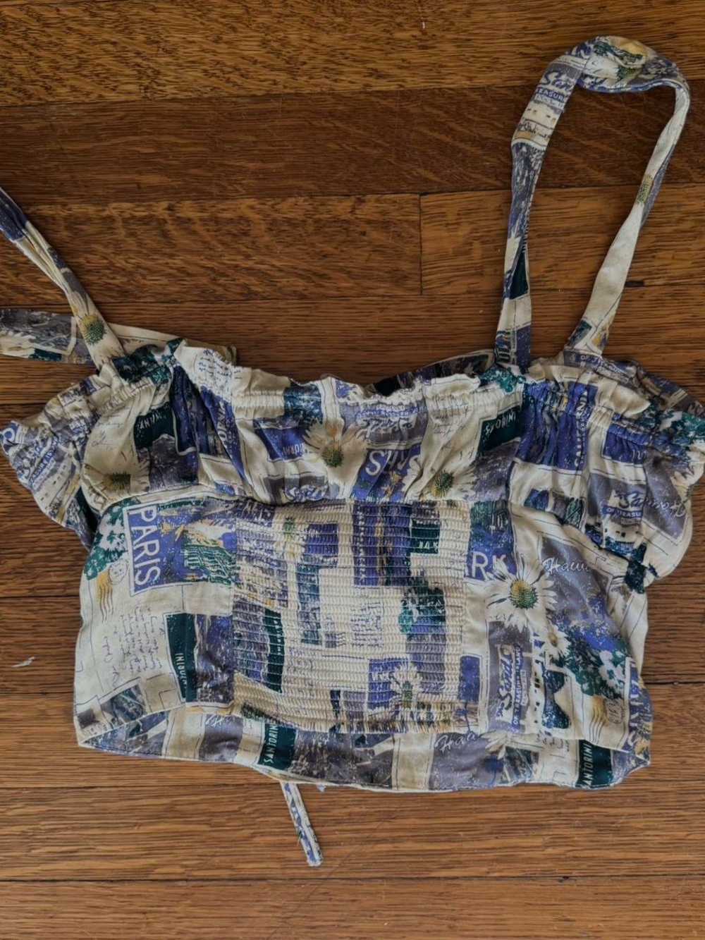 Urban Outfitters Blue & Cream Printed Tie-Front Crop Top - Picture 3 of 6